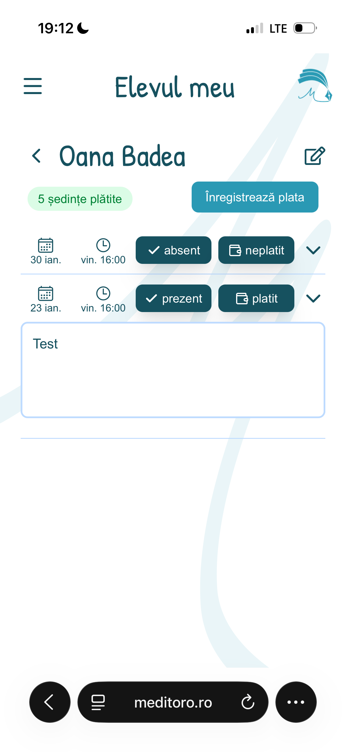 5. Pentru fiecare elev poti urmari lectiile trecute si viitoare, prezenta, platile si poti adauga notite detaliate pentru fiecare lectie.